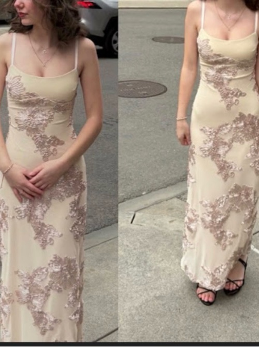 New Elegant Floral Sheer Slip Dress in Champagne - Picture 5 of 10